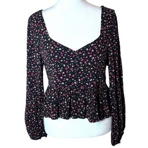 American Eagle Smocked Long Sleeve Floral Peplum Crop Top, Medium